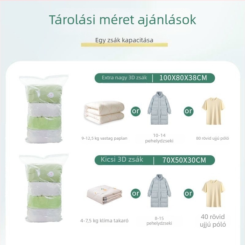 Utazási ruhák tárolására szolgáló háromdimenziós, zárható tárolózsák, vákuummentes