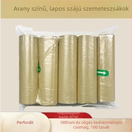 Egyszer használatos arany színű, vastagított szemeteszsákok, 45×50 cm, sík szájú, konyhai tekercs típusú, háztartási használatra, 100 darab