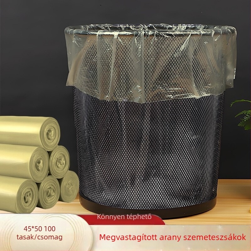 Egyszer használatos arany színű, vastagított szemeteszsákok, 45×50 cm, sík szájú, konyhai tekercs típusú, háztartási használatra, 100 darab