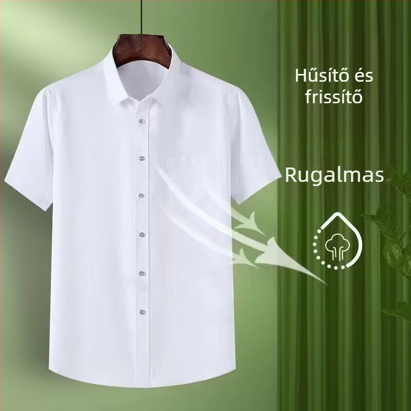 Férfi Ice Silk ing – üzleti formális rövid ujjú ing zsebbel, kék‑fehér, gyűrődésálló