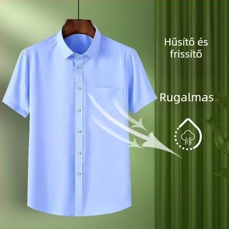 Férfi Ice Silk ing – üzleti formális rövid ujjú ing zsebbel, kék‑fehér, gyűrődésálló