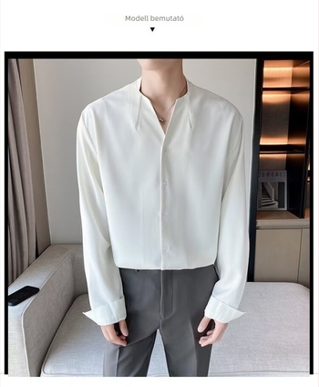 Új kínai stílusú férfi ing, V-nyakú, szatén Ice Silk, laza szabás, hosszú ujjú, gallér nélküli