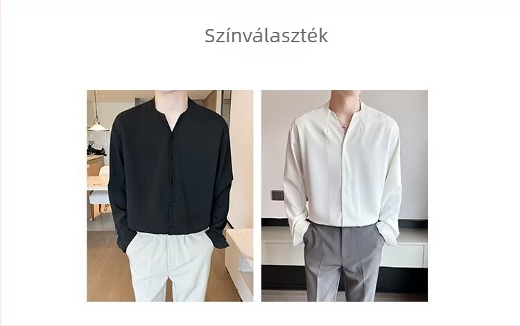 Új kínai stílusú férfi ing, V-nyakú, szatén Ice Silk, laza szabás, hosszú ujjú, gallér nélküli