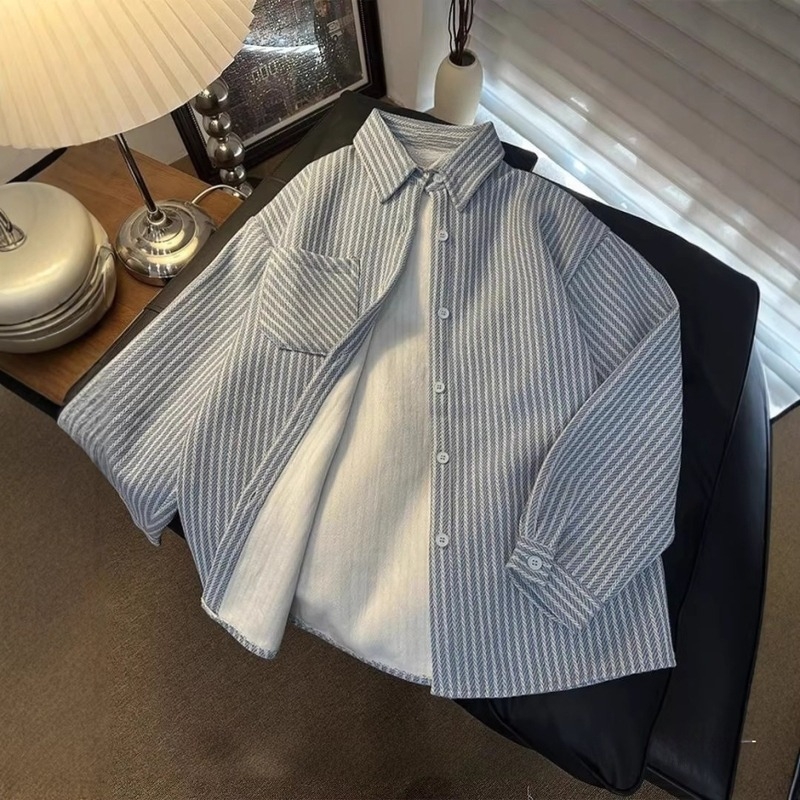 Férfi fleece-béléses csíkos hosszú ujjú ing, őszi-téli szezonra, stílusos és laza