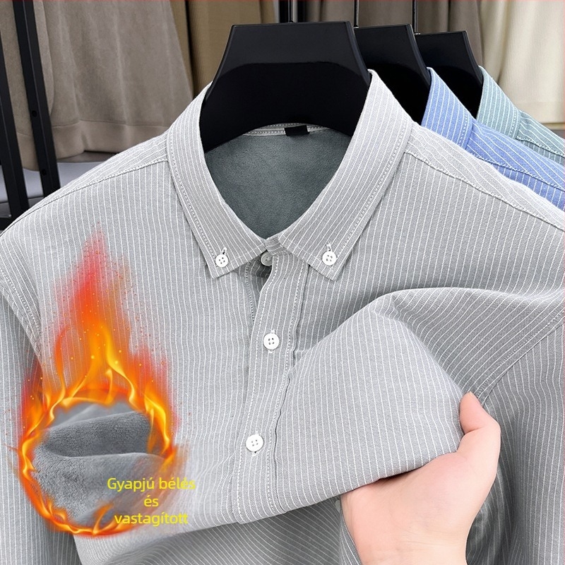 Férfi téli csíkos pamut ing fleece béléssel, lazább szabás, mindennapi viselet, meleg