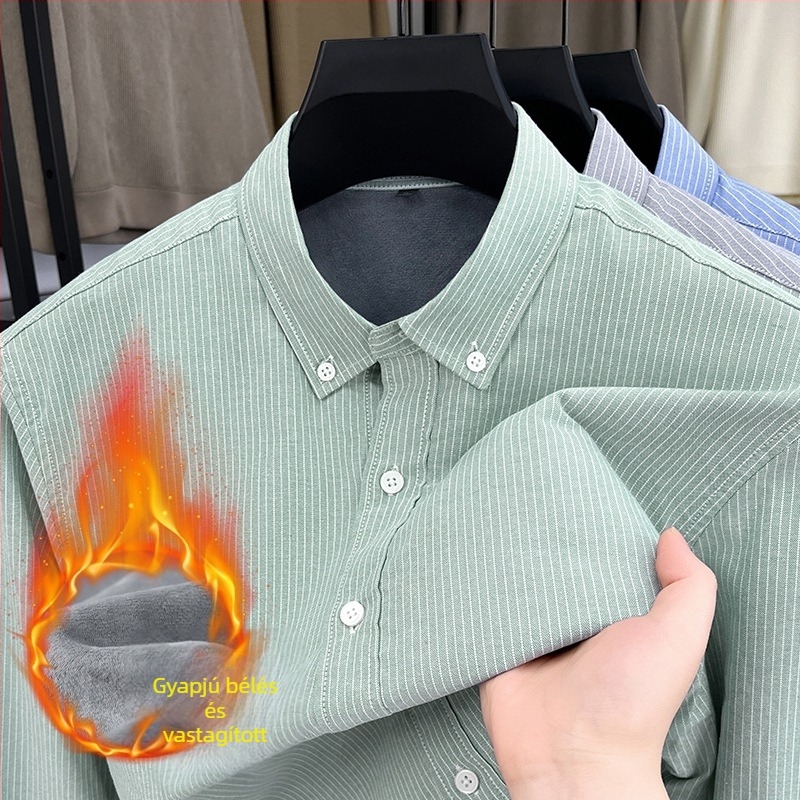 Férfi téli csíkos pamut ing fleece béléssel, lazább szabás, mindennapi viselet, meleg