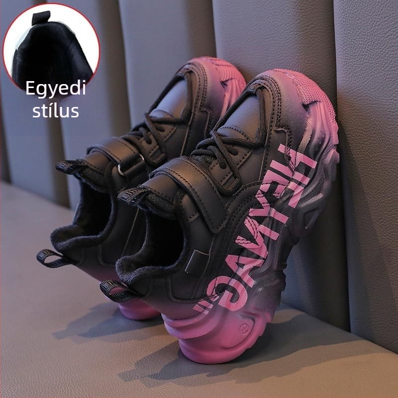 Gyerekek téli futócipő fleece béléses, koreai stílusú dad shoes, vastag talppal és csúszásmentes talppal, mindennapi viselet