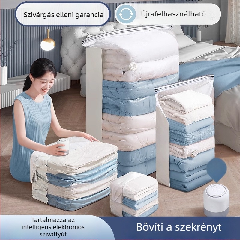 Háromdimenziós vastagított vákuumos tároló tasak ruhákhoz, paplanokhoz és ágyneműkhöz – pumpával