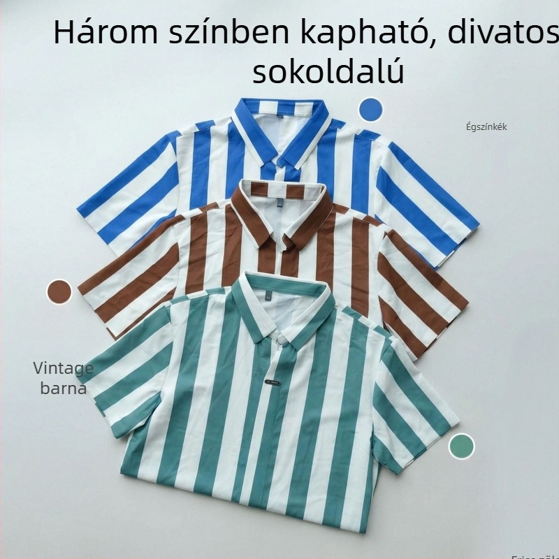 Férfi rövid ujjú ing függőleges csíkokkal és színblokkolt gallérral, lezser viselet