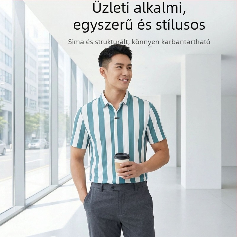 Férfi rövid ujjú ing függőleges csíkokkal és színblokkolt gallérral, lezser viselet