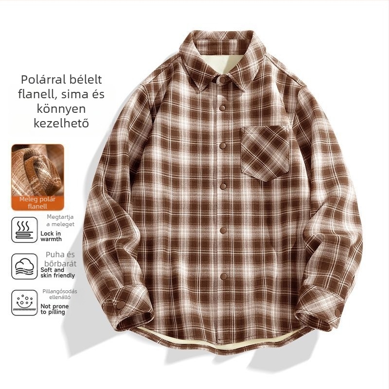 Férfi hosszú ujjú flaneles ing plüss béléses, kockás mintázat, őszi-téli, laza szabású, mindennapi viselet