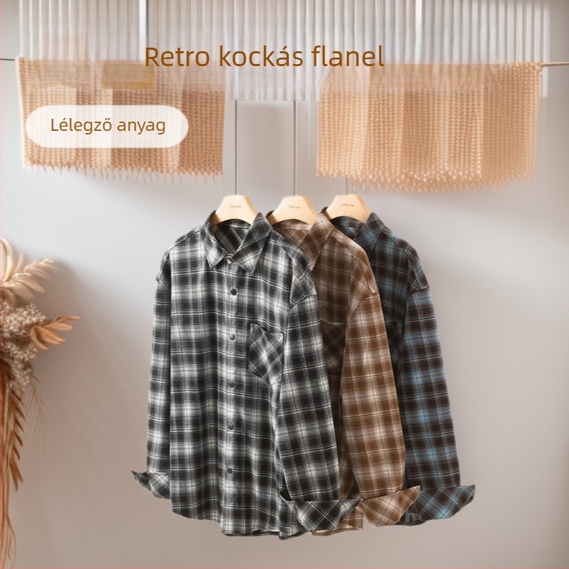 Tavasz–ősz retro kontrasztos flanel ing karos mintával, hosszú ujjú, laza szabású, férfi mindennapi viselet