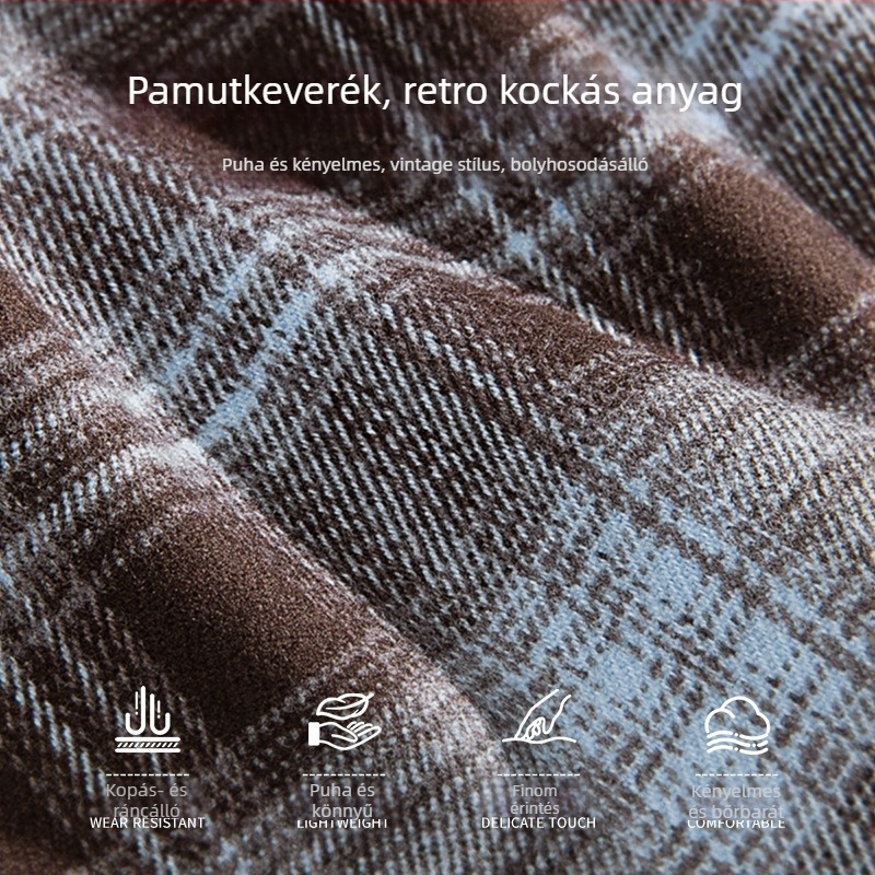 Tavasz–ősz retro kontrasztos flanel ing karos mintával, hosszú ujjú, laza szabású, férfi mindennapi viselet