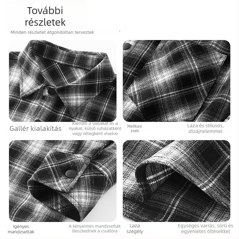 Tavasz–ősz retro kontrasztos flanel ing karos mintával, hosszú ujjú, laza szabású, férfi mindennapi viselet
