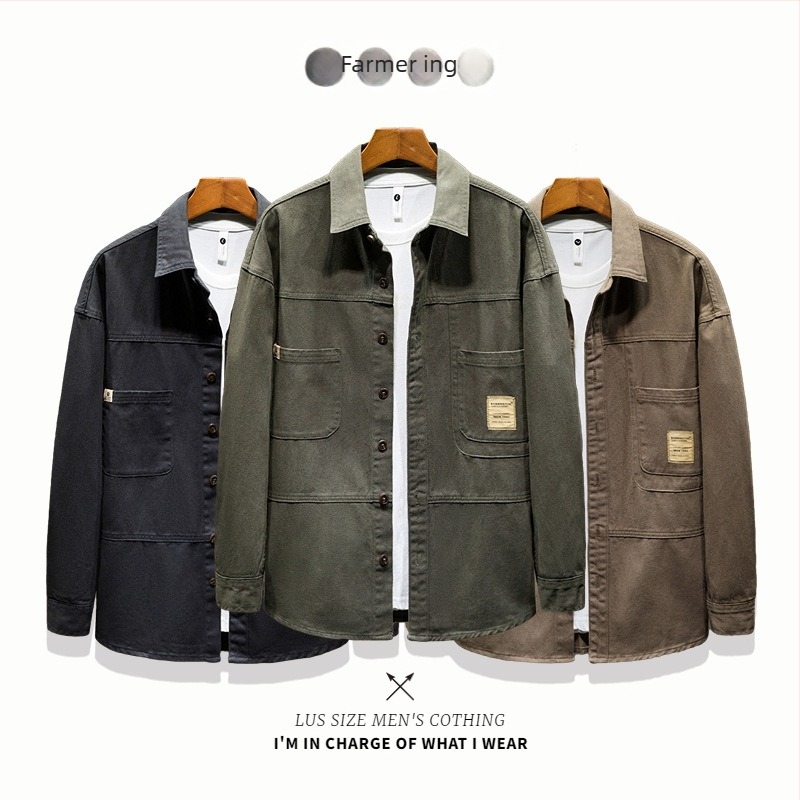 Japán stílusú férfiing, 100% pamut, egyszínű, lazább szabás, hosszú ujjú, munkaruházathoz illeszkedő denim-hatás