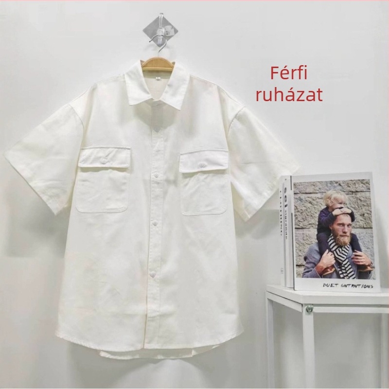 Férfi nyári lezser ing, egyszínű, zsebbel, lélegző anyag, rövid ujjú, japán retro stílus