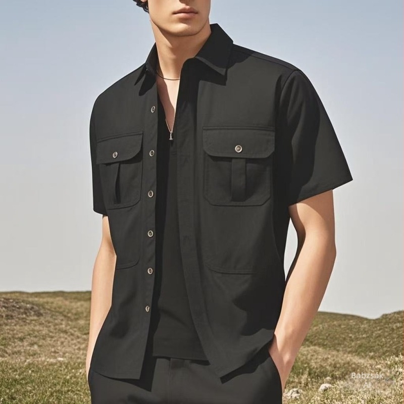 Férfi nyári rövid ujjú ing, gyorsan száradó, laza szabású, Ice Silk anyagból, casual/workwear stílus
