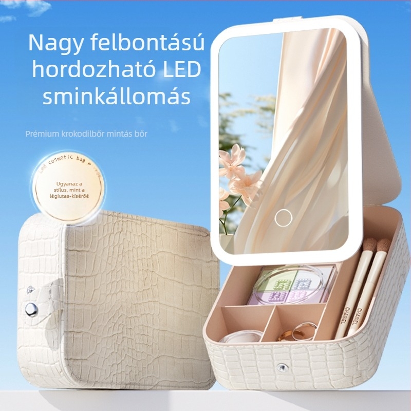 Hordozható LED-es sminktükör világítással, Instagram-stílusú, egymásra tehető kis tükör LED-tároló dobozzal