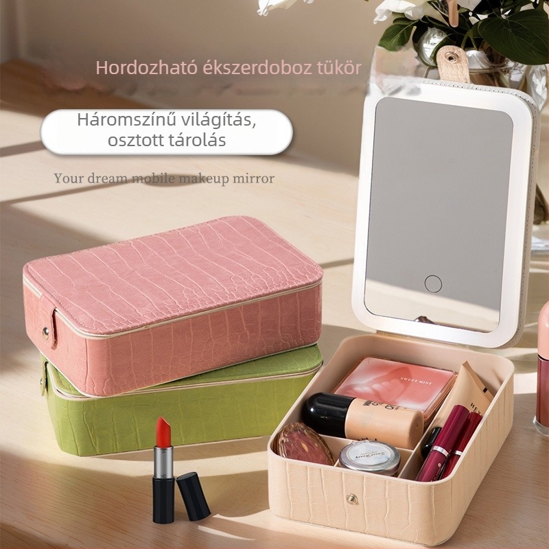 Hordozható LED-es sminktükör világítással, Instagram-stílusú, egymásra tehető kis tükör LED-tároló dobozzal