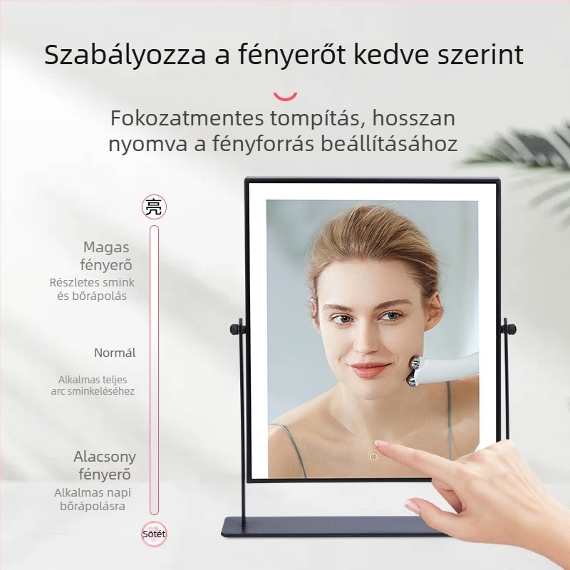 Asztali LED sminktükör világítással, egyoldalas, forgatható, fémkerettel, kollégiumi vagy otthoni használatra
