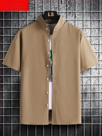 Nyári trend Hongkong-stílusú férfi ing, áll galléros, rövid ujjú, laza szabású, plusz méret, casual