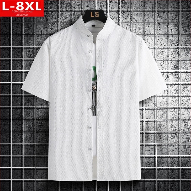 Nyári trend Hongkong-stílusú férfi ing, áll galléros, rövid ujjú, laza szabású, plusz méret, casual
