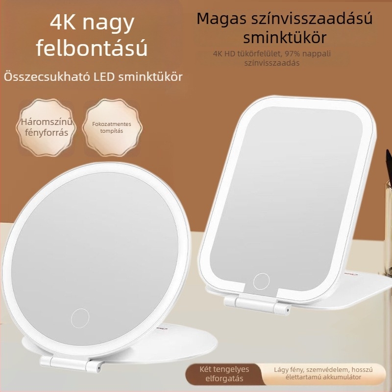 Világított asztali sminktükör, kör alakú, összecsukható, hordozható, háromszínű világítással