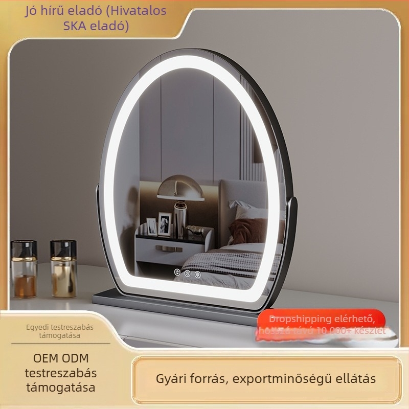 Ívelt ovális sminktükör asztali LED világítással, elegáns és kompakt otthoni használatra