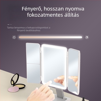 Hordozható sminktükör LED világítással, forgatható, háromrészes összecsukható kialakítás, asztali sminktükör, HD-minőség