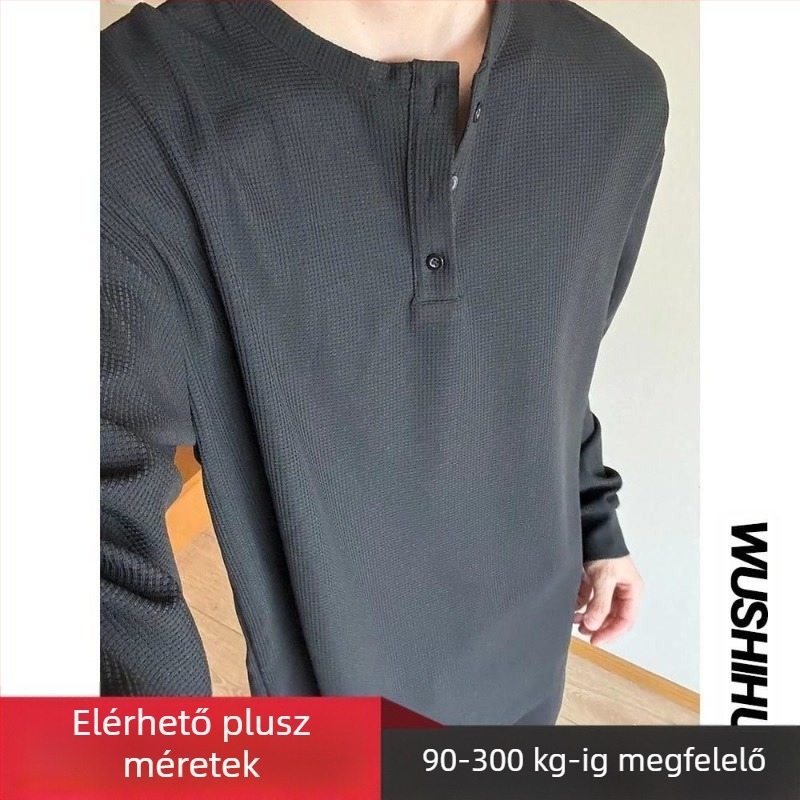 2025 férfi Henley galléros hosszú ujjú póló, lazán szabott, plusz méret, mindennapi sportos felső