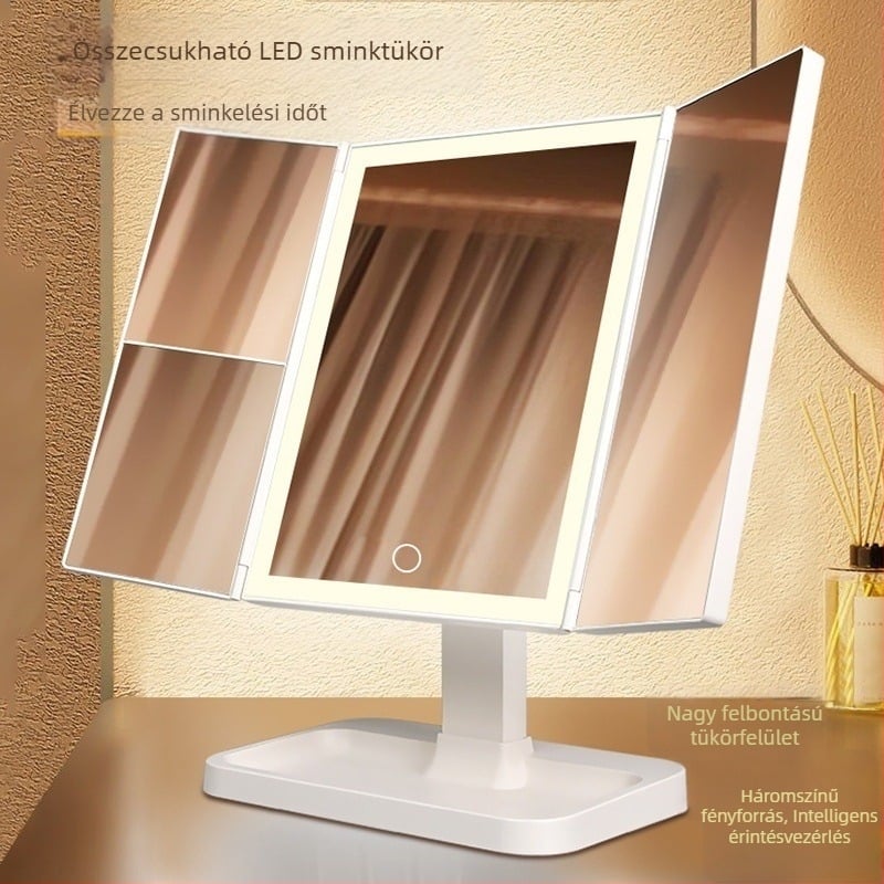 LED világítással ellátott összecsukható sminktükör, hordozható, USB/elem tápellátás, ABS keret, méret 300×600 mm