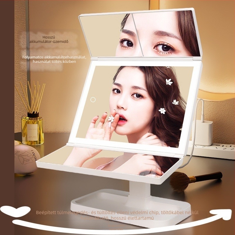 LED világítással ellátott összecsukható sminktükör, hordozható, USB/elem tápellátás, ABS keret, méret 300×600 mm