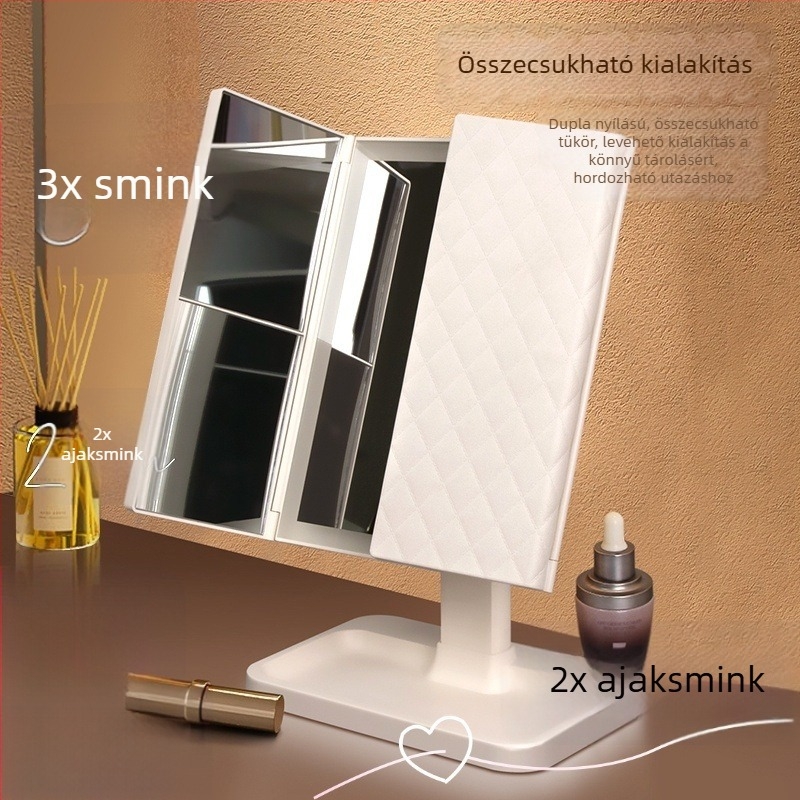 LED világítással ellátott összecsukható sminktükör, hordozható, USB/elem tápellátás, ABS keret, méret 300×600 mm
