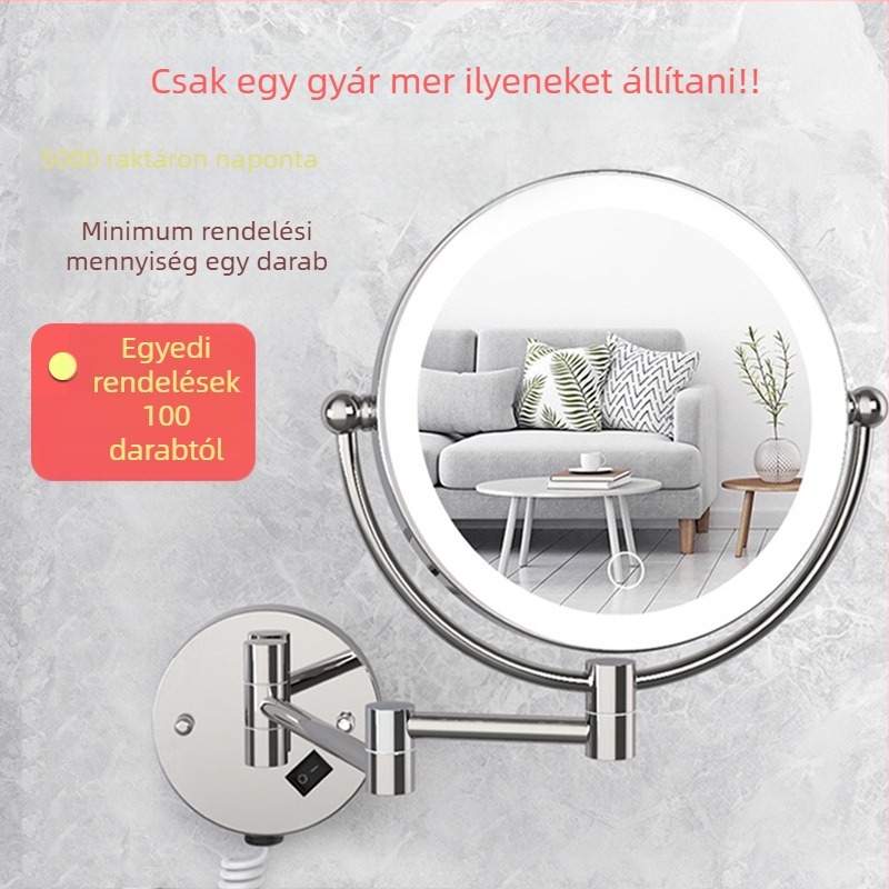 8 hüvelykes fürdőszobai sminktükör LED világítással, falra szerelhető, összecsukható kétoldalas tükör