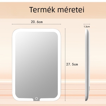 Közepes méretű sminktükör háromszínű LED világítással és állvánnyal — asztali/utazó szépség tükör, méretei 27,5×20,6×1,2 cm