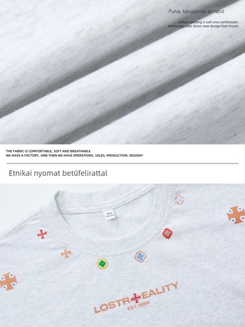 Férfi texturált, 100% pamut rövid ujjú T-shirt, nyár, laza szabás, amerikai casual stílus, etnikus mintázat