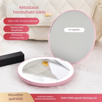 Kétoldalú hordozható LED sminktükör, mini utazó tükör 5× nagyítással, kerek fedél