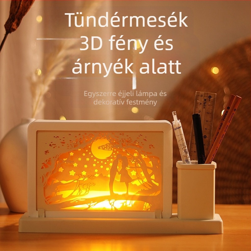 USB tükrös papírvágás lámpa tolltartóval és éjjeli fénnyel – USB töltés, diplomás ajándék logóval