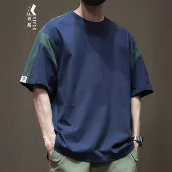 Qilin férfi pamut T-shirt — Nyári japán stílus, kontrasztos színű blokk, rövid ujjú, lecsúszó váll, 32s dupla fonal