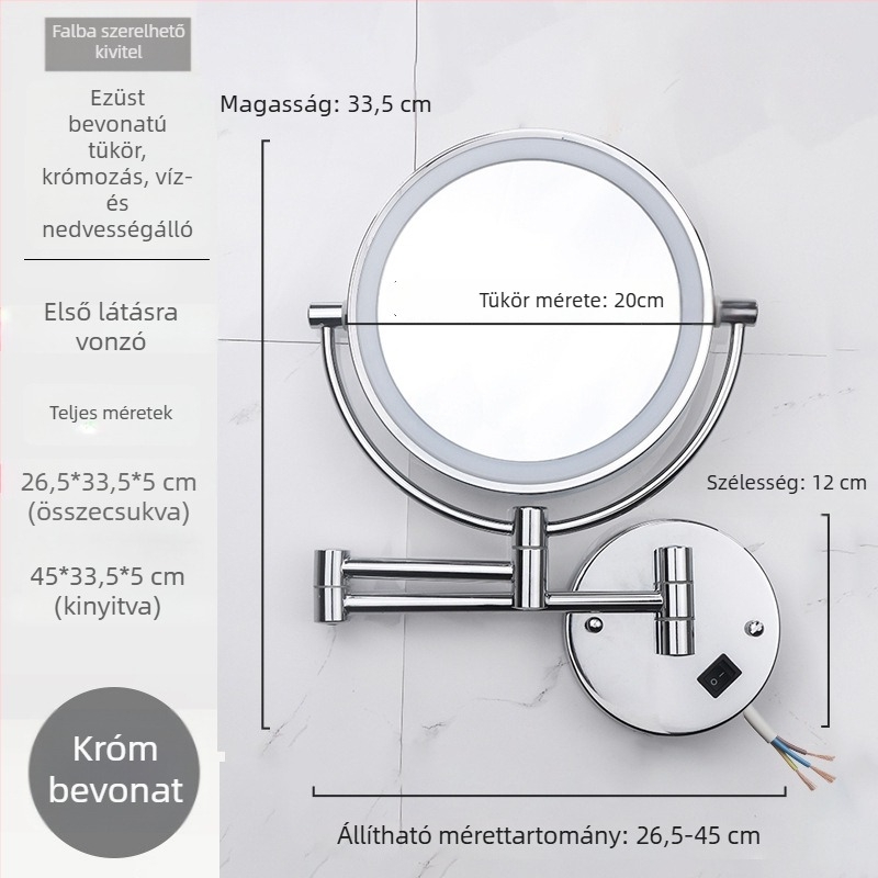 Kétoldalas, hajtogatható sminktükör LED világítással, falra szerelhető