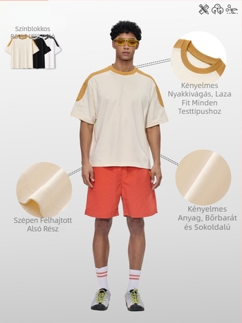 Boxy szabású póló színblokkokkal, gyorsan száradó, antibakteriális, pamutból készült, rövid ujjú, kerek nyakú, laza szabás, nyár 2026