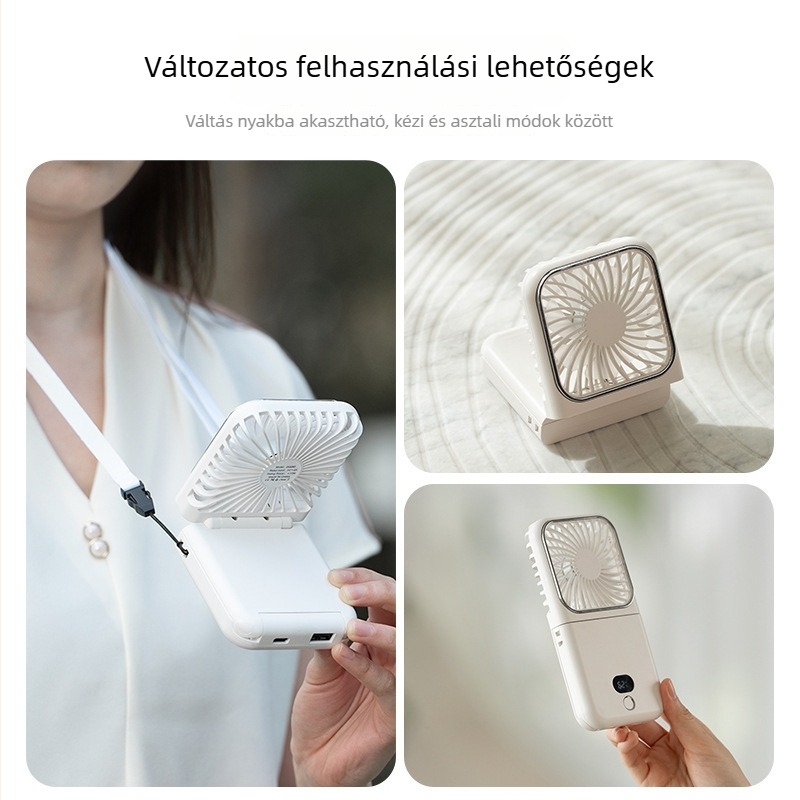Viselhető nyakventilátor sminktükörrel, hordozható külső akkumulátor digitális kijelzővel, összecsukható dizájn