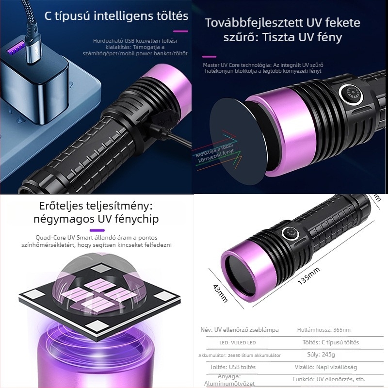 Új lila UV zseblámpa 365 nm-es fluoreszcenciával ékszerekhez: hitelesítés és olajfolt detektálás, 60W