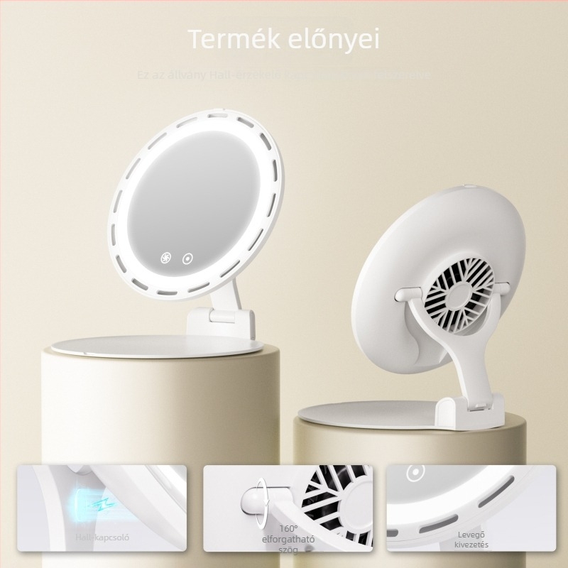 LED sminktükör beépített ventilátorral – hordozható, összecsukható asztali tükör három sebességű ventilátorral és állítható fényerővel