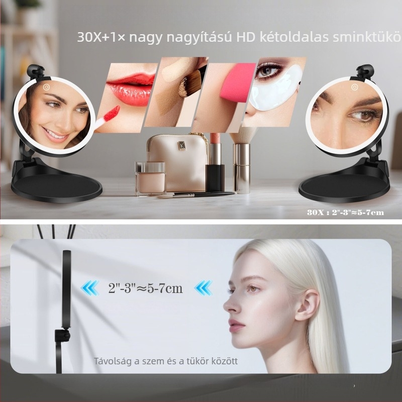 Hordozható, összecsukható LED kétoldalas sminktükör asztali használatra beépített világítással