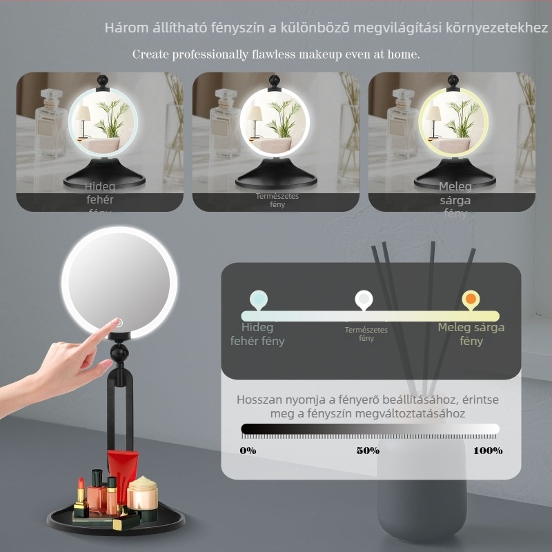 Hordozható, összecsukható LED kétoldalas sminktükör asztali használatra beépített világítással