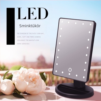 LED asztali sminktükör, négyszögletes, akkumulátoros, hordozható tárolóval, világító megvilágítással