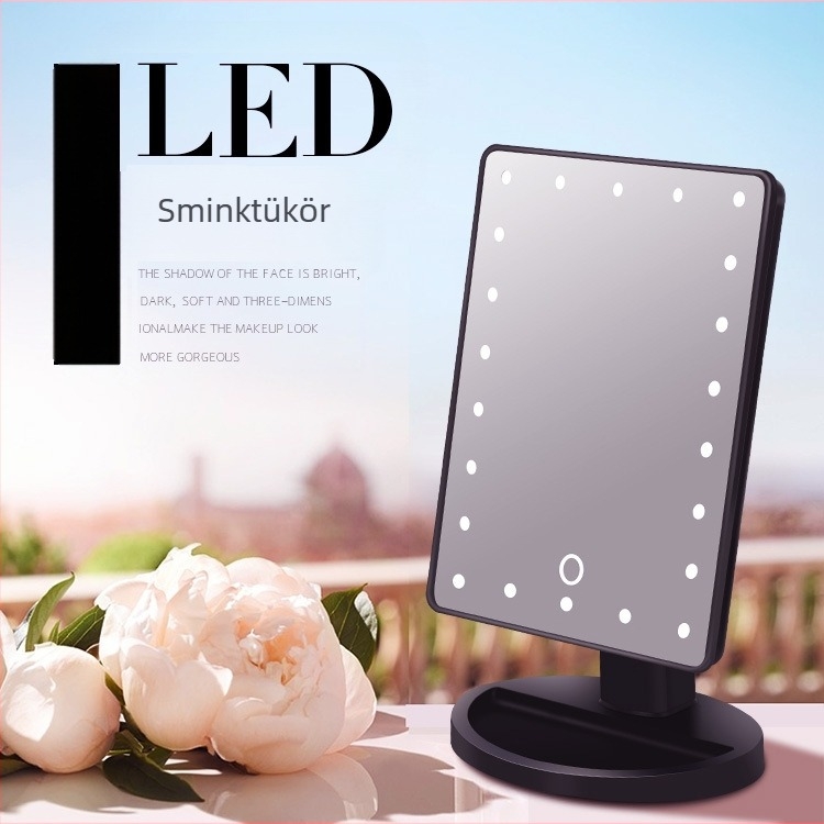 LED asztali sminktükör, négyszögletes, akkumulátoros, hordozható tárolóval, világító megvilágítással
