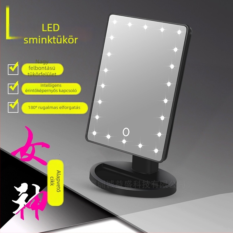 LED asztali sminktükör, négyszögletes, akkumulátoros, hordozható tárolóval, világító megvilágítással