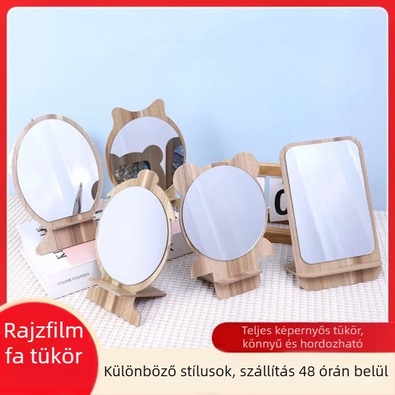 Összecsukható, hordozható fa sminktükör az asztalhoz, testreszabható fa tükör